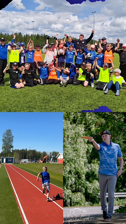 Marttilan Murron jalkapallojoukkue tuulettaa, pituushyppääjä ottaa vauhtia ja frisbeegolffaaja on heittämässä kiekkoa.